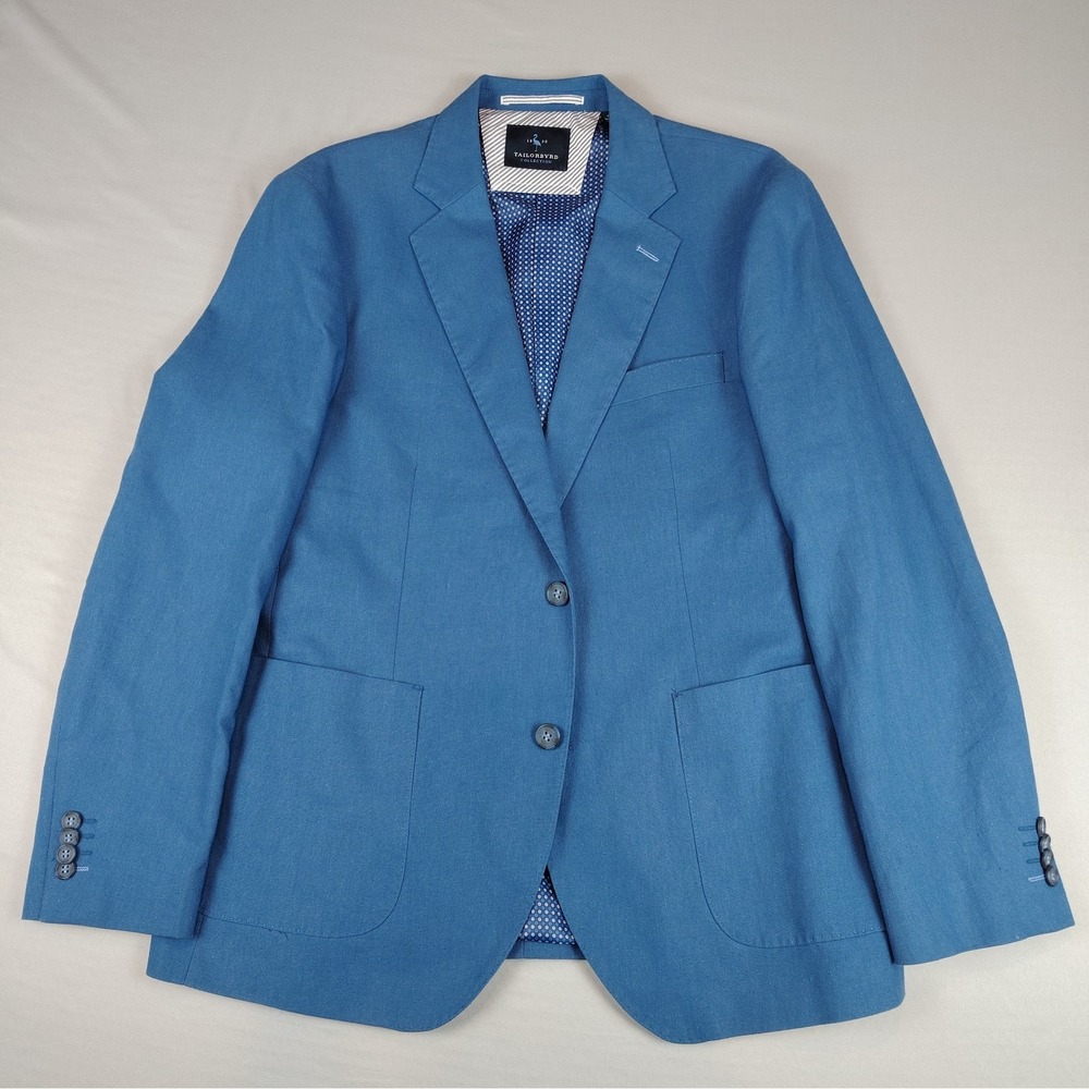 TailorByrd Blazer Mens 42R Blue Linen Cotton Sport Coat Two Button Patch Pockets